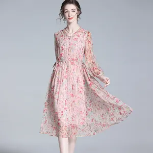 Gaun gaya elegan Ladylike mengurangi usia Musim Semi merah muda gaun sutra Floral sutra murbei 100% gaun sutra wanita