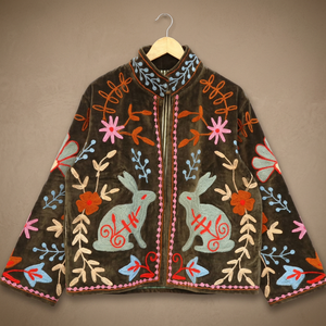 Olive Brown Velvet Embroidered <b>Jacket</b> With Rabbit Floral Design <b>Mandarin</b> <b>Collar</b> Zipper Closure Long Sleeve Autumn Outerwear - Product Image 1