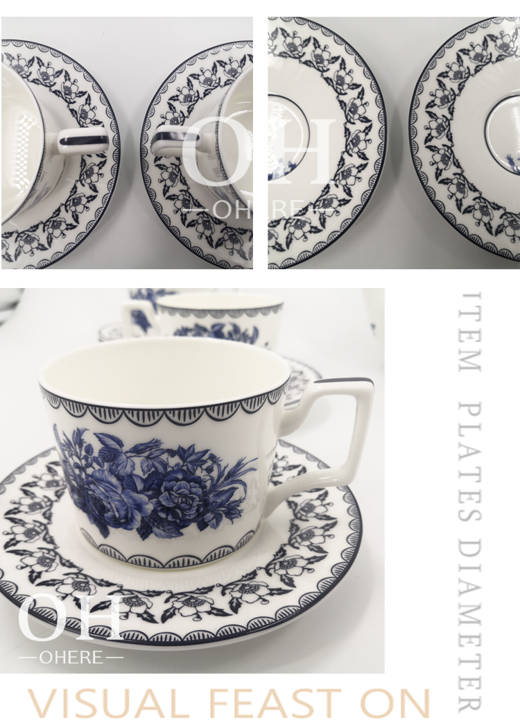 2022 New Style bone china blue and white porcelain peony coffee cup and saucer for banquet and meeting