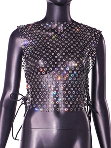 Top de malla corto con lazo floral sexy y pedrería de poliéster para <span class=keywords><strong>mujer</strong></span> europea y americana - Product Image 2