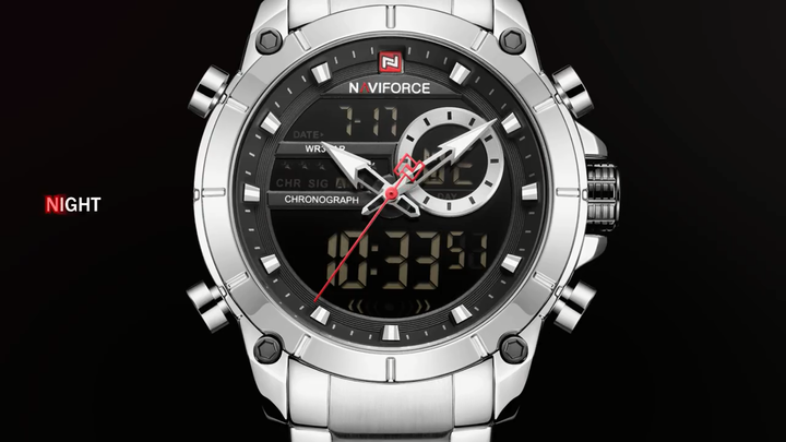 Digital Naviforce 9163 Men's Quartz Sports Watch, Stainless Steel