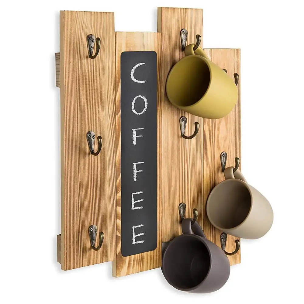 Suporte de caneca decorativo de madeira, suporte de 9 ganchos para caneca de café com quadro-negro