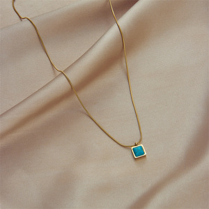 European American Fashion Minimalist Square Turquoise Pendant Stainless Steel Spiral Chain Necklace Geometric Design - Product Image 2