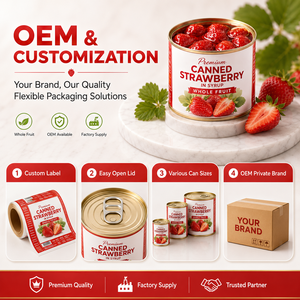 Stroberi Kaleng OEM dalam Sirup Ringan Rendah Gula Buah Utuh untuk Supermarket, Ritel, Label Pribadi, dan Pasokan Grosir
