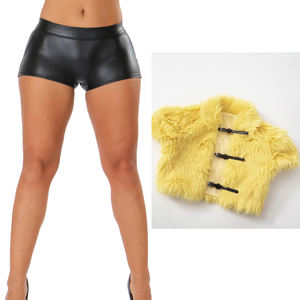 Sexy Damenkleidung Modisches Fell-Patchwork Crop Top + PU-Leder Shorts 2-teiliges Set Mädchen Sexy Club PU Zweiteiler Damen - Product Image 6