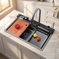 Évier de cuisine intelligent multifonctionnel en acier inoxydable noir PVD Nano Honeycomb, évier cascade fait main