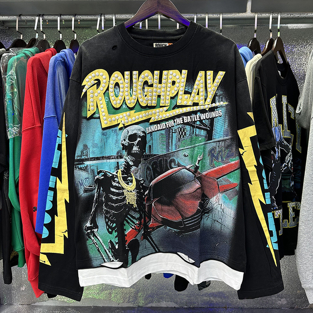 Hot Sale 100% Cotton Heavyweight Retro Loose Crewneck Sweatshirt Top Quality Streetwear ROUGH PLAY Graffiti Printed Hoodie