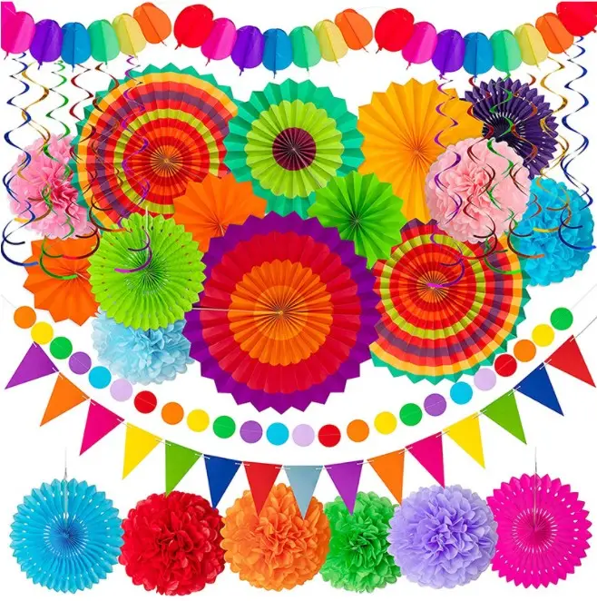 Colorful Paper Fan set Pom poms Triangle Flag Circle Dot Garland swirls banners for Hawaii Birthday carnival Wedding Party decor