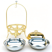 Plat à chafing de luxe doré 8L rond en acier inoxydable avec couvercle en verre et support suspendu pour hôtels, mariages et traiteurs