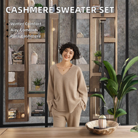 Ensemble de chandail en cachemire pour femmes, 100% cachemire de haute qualité, décontracté, hiver, 2 pièces, manches longues, col en V, pull, pantalon, coupe ample, tricot