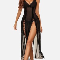 Nuisette sexy en dentelle transparente à fente haute, en polyester, sans manches, longue, en tulle fin, pour femme