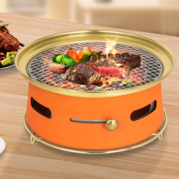 Ronde Oranje Koreaanse Tafelblad Rvs Barbecue Yakiniku Restaurant Indoor Tafelblad Commerciële Houtskool Bbq Grill