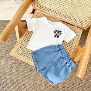 Set Pakaian Bayi Laki-laki Atasan Lengan Pendek Bordir Robot Kartun Kasual + Set Celana Pendek Denim Musim Panas 1-3 Tahun - Product Image 2