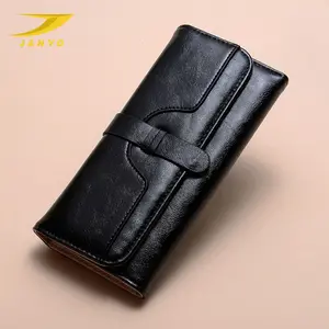 Women purse long fashion oil wax leather three fold pull with solid color retro women wallet