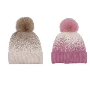 Winter Hat Gradient Color Warm Adult Fur Pom Pom Knitted Hat Beanie Women Hats Wholesale Custom Logo New Image Female 2 Colors