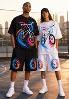 Ensemble deux pièces streetwear d'été pour homme : T-shirt et short respirants en maille, imprimé numérique crânes BMX électrique