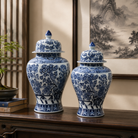 Pot décoratif en céramique bleu et blanc, motif floral, avec couvercle, pour table console, armoire, décoration de salon