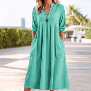 Abito <span class=keywords><strong>Lungo</strong></span> Muguyu Casual Elegante Retrò in Cotone-Lino <span class=keywords><strong>con</strong></span> <span class=keywords><strong>Maniche</strong></span> <span class=keywords><strong>a</strong></span> <span class=keywords><strong>Tre</strong></span> <span class=keywords><strong>Quarti</strong></span>, Scollo <span class=keywords><strong>a</strong></span> V, Patchwork, Pieghe e Tasche, Modello <span class=keywords><strong>A</strong></span>-Line - Product Image 4
