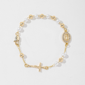 Pulsera de Rosario de Perlas de San Benito para Mujer, Pulsera con Cruz de la Virgen María y Circonitas - Product Image 5