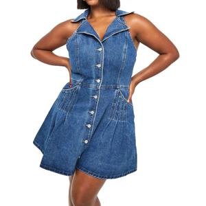 เดรสยีนส์คอปกแขนกุดติดกระดุมสไตล์ลำลองสำหรับสาวอวบ ขายดี - Product Image 1