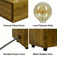 Lampe de table en bois, base carrée vintage en bois massif, ampoule, décoration romantique, lampe de nuit pour chambre à coucher, cadeau