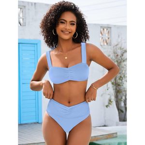 FOXA Women's Bikini Set Ribbed <b>Tummy</b> <b>Control</b> Mid Waist Bandeau Swimwear 2 Piece Beachwear - Product Image 3