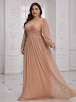Robe de soirée élégante pour femmes grandes tailles, couleur champagne, col en V, manches longues lanternes, broderie brillante, coupe ajustée, style A-line