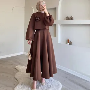 Wholesale Fashion Elegant Modest Islamic Clothing Two-Piece Muslim Women Casual Shirt Floral Lantern Sleeve Loose Dress Set