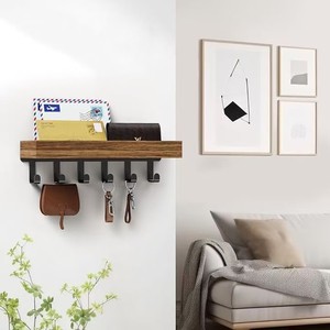 Retro-style wooden wall-mounted storage rack for home use, entryway key <b>hooks</b>, multi-functional living room storage rack - Product Image 4