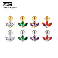 Anting-anting tusuk titanium ASTM F136 dengan zircon CZ bunga, warna ungu merah hijau, minimalis, berulir dalam, perhiasan tubuh.