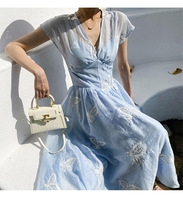 Robe midi à imprimé floral rétro vintage personnalisée, robe longue brodée à la française, vêtements pour femmes, robe à col en V, taille mi-haute pour femmes