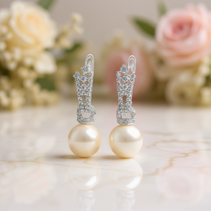 Orecchini Classici di Perle Akoya in Argento 925 Placcato Rodio, Rotondi Bianchi AAA con Incastonatura a Pavé, Gioielli da Donna per Matrimonio - Product Image 2