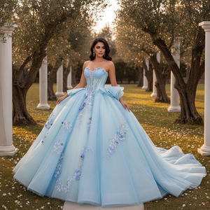 ชุดเดรสสีฟ้าอ่อนสำหรับงาน Quinceanera ประดับดอกไม้สีน้ำเงิน ชุดราตรีประดับมุก Vestidos De Quinceanera Dy1335 - Product Image 1