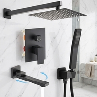 Système de douche mural en laiton noir mat de luxe, encastré, 3 fonctions, avec robinet de douche à effet pluie et bec de baignoire orientable