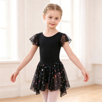 Justaucorps de ballet pour filles à manches volantées, jupe imprimée étoiles et lunes, tenue de danse pour tout-petits en spandex respirant pour la pratique et les récitals