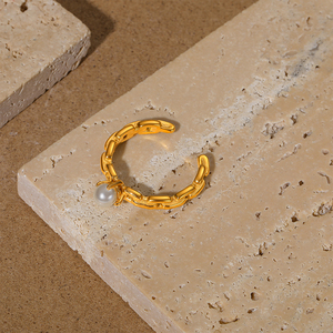 Anillo Geométrico Simple de Acero Inoxidable, Anillo de Cadena con Baño de Oro de 18K, Anillo Abierto de Moda con Perla - Product Image 4