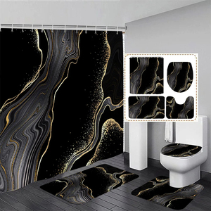 Juego de cortinas de ducha de mármol negro líneas doradas patrón texturizado abstracto decoración de baño moderna alfombra antideslizante alfombrillas de baño cubierta de inodoro - Product Image 1