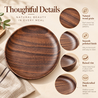 Assiette ronde peu profonde en noyer noir avec bord incurvé pour le petit-déjeuner, les desserts, les collations, les noix et le café, assiette de service pour la table de cuisine