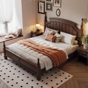 Lit en bois massif de style rétro américain, lit plateforme double de 1,8 m, couleur noyer, style français et d'Asie du Sud-Est, meubles de chambre à coucher - Product Image 3