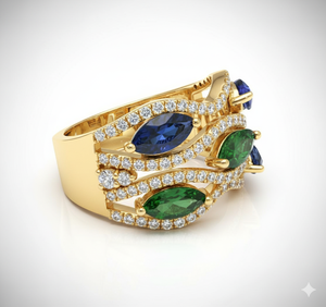 Bague de créateur en or multi-pierres précieuses et diamants, style saphir bleu et émeraude, bijou de mariage de luxe, bague statement - Product Image 5