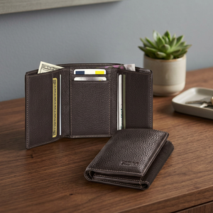 Men's Short Genuine Leather <b>Wallet</b> Three-Fold Open Closure Anti-Theft Feature Chains and Letter Decor Polyester Lining - Product Image 3