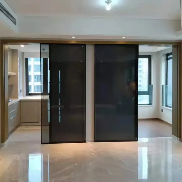 Pintu geser kaca hitam bingkai aluminium tanpa jalur bawah pintu geser interior 2 panel pintu kaca sinkron penutupan lembut modern