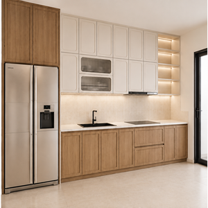 VCCUCINE-WOSR003 Armoire de <span class=keywords><strong>cuisine</strong></span> encastrée minimaliste en mélamine à grain de bois chêne chaud <span class=keywords><strong>et</strong></span> blanc crème, style Shaker, Foshan - Product Image 1