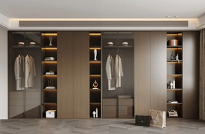 Dressing sur mesure haut de gamme, armoire encastrée de luxe avec cloison en verre et éclairage LED pour chambre de villa - Product Image 2