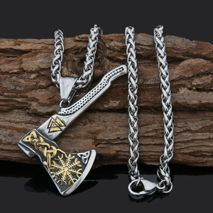 Collar con Colgante <span class=keywords><strong>de</strong></span> Hacha <span class=keywords><strong>de</strong></span> Guerra Vikinga <span class=keywords><strong>de</strong></span> Doble Cara, Acero Inoxidable, Acero <span class=keywords><strong>de</strong></span> Titanio, Tridente <span class=keywords><strong>de</strong></span> Odín, Escudo, <span class=keywords><strong>Runa</strong></span> Awe, para Hombre - Product Image 1