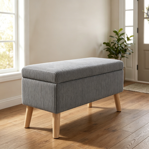 Panca contenitore in velluto a coste grigio oliva, larga 32 pollici, con gambe in legno, coperchio ribaltabile e imbottitura morbida, per fondo letto - Product Image 1