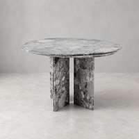 Table à manger ronde double couche en marbre gris Oreo naturel, style moderne et luxueux, avec base croisée entrelacée, pour usage hôtelier