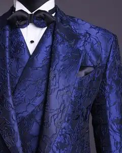 Luxury Design Regular Slim Fit Floral Jacquard Brocade Men's Prom Party Wedding Formal Dark Blue 3 Piece Blazers Tuxedo Suits Fo