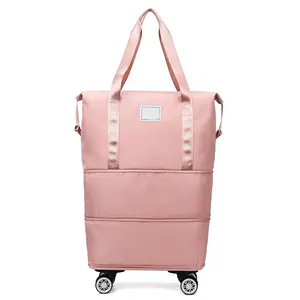 交感包粉色滚轮折叠包带轮子口袋防水肩部旅行行李袋女士折叠旅行包