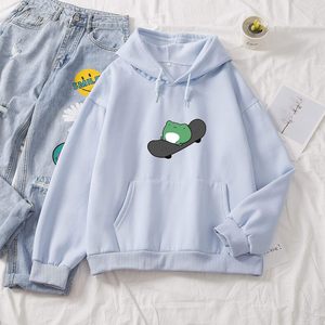 เสื้อฮู้ดลายกบสเก็ตบอร์ดน่ารักสำหรับผู้หญิง แขนยาว ผ้าฝ้าย สีฟ้า M เสื้อสเวตเชิ้ตลำลอง - Product Image 3